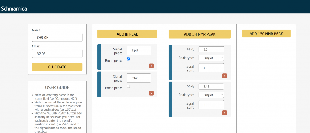Schmarnica web service for automatic elucidation of organic compounds